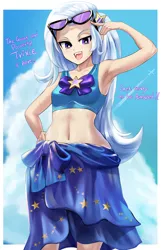 Size: 798x1240 | Tagged: anime, armpits, artist:chigusa, belly button, bikini, clothes, derpibooru import, dialogue, female, hand on hip, human, humanized, midriff, open mouth, safe, sarong, smiling, solo, sunglasses, swimsuit, trixie