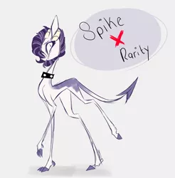 Size: 1980x2012 | Tagged: safe, artist:iheyyasyfox, derpibooru import, oc, unofficial characters only, dracony, hybrid, choker, gray background, horns, interspecies offspring, offspring, parent:rarity, parent:spike, parents:sparity, simple background, solo, spaded tail, spiked choker