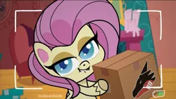 Size: 1360x768 | Tagged: suggestive, derpibooru import, edit, edited screencap, screencap, fluttershy, pegasus, pony, my little pony: pony life, unboxing day, spoiler:pony life s01e18, spoiler:pony life s01e30, bad dragon, bedroom eyes, box, camera, female, fluttershy's cottage, hoof hold, lip bite, looking at you, mare, sex toy, solo
