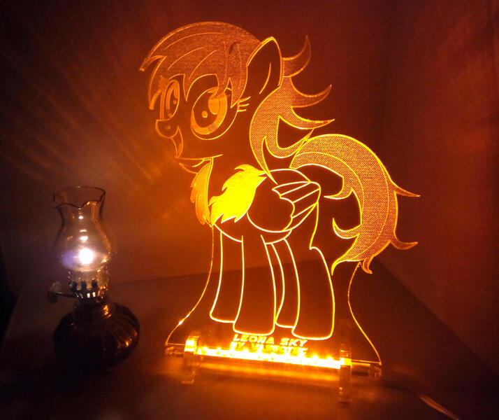 Size: 1400x1177 | Tagged: safe, artist:vasgotec, derpibooru import, oc, oc:leona sky, pegasus, acrylic plastic, craft, engraving, glow, led, pegasus oc, solo, wings