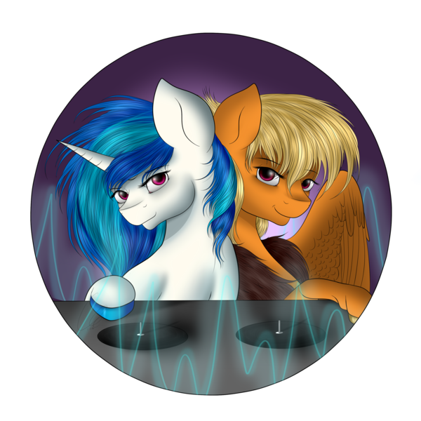 Size: 2449x2449 | Tagged: safe, artist:crazyaniknowit, derpibooru import, vinyl scratch, oc, oc:leona sky, pegasus, unicorn, duo, pegasus oc, wings