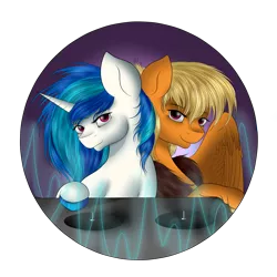 Size: 2449x2449 | Tagged: safe, artist:crazyaniknowit, derpibooru import, vinyl scratch, oc, oc:leona sky, pegasus, unicorn, duo, pegasus oc, wings