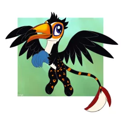 Size: 2400x2250 | Tagged: safe, artist:litrojia, derpibooru import, oc, oc:tristão, unofficial characters only, bird, gryphon, ocelot, toco toucan, toucan, abstract background, beak, claws, commission, flying, griffon oc, looking at you, male, open beak, open mouth, paws, smiling, solo, spots, spread wings, tongue out, toucan griffon, wings