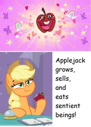 Size: 904x1256 | Tagged: safe, derpibooru import, edit, screencap, applejack, earth pony, pony, a trivial pursuit, my little pony: pony life, spoiler:pony life s01e20, spoiler:pony life s01e34, :t, apple, apple tree, applejack's hat, basket, chewing, confident, cowboy hat, cropped, eating, eyes closed, faic, female, food, freckles, hat, heart, herbivore, holding, hooves on the table, laughing, lidded eyes, mare, ponytail, puffy cheeks, rainbow, raised eyebrow, raised hoof, sitting, smiling, smirk, smugjack, solo, stetson, talking, that pony sure does love apples, the 5 habits of highly effective ponies, tree