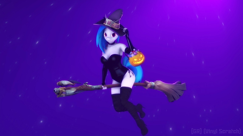 Size: 1920x1080 | Tagged: safe, artist:gr-vinyl-scratch, derpibooru import, vinyl scratch, anthro, 3d, broom, candy bag, pumpkin bucket, source filmmaker, witch costume