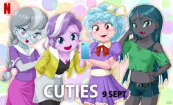 Size: 1400x854 | Tagged: safe, artist:uotapo, derpibooru import, edit, cozy glow, diamond tiara, queen chrysalis, silver spoon, equestria girls, background pony strikes again, belly button, belt, blushing, braided ponytail, caption, clothes, compression shorts, cozybetes, cursed image, cute, cute little fangs, cutealis, cuties, denim shorts, diamondbetes, dress, equestria girls-ified, fangs, fbi open up, female, glasses, iphone, jewelry, laughing, legs, looking at you, midriff, mobile phone, necklace, netflix, oh god damn it no, oh god no, open mouth, phone, short shirt, shorts, silverbetes, skirt, thanks i hate it, thighs, this will not end well, tomboy, unfortunate implications, we are going to hell, young, younger