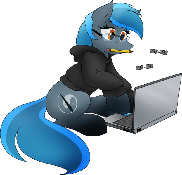 Size: 1902x1831 | Tagged: safe, artist:poseidonathenea, derpibooru import, oc, oc:silfoe, unofficial characters only, commission, commissioner:reversalmushroom, computer, glasses, laptop computer, pencil, pencil in mouth, ponysona, simple background, solo, transparent background