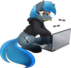Size: 1902x1831 | Tagged: safe, artist:poseidonathenea, derpibooru import, oc, oc:silfoe, unofficial characters only, commission, commissioner:reversalmushroom, computer, glasses, laptop computer, pencil, pencil in mouth, ponysona, simple background, solo, transparent background