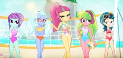 Size: 3698x1743 | Tagged: safe, artist:invisibleink, derpibooru import, indigo zap, lemon zest, sour sweet, sugarcoat, sunny flare, equestria girls, beach, belly button, bikini, clothes, crystal prep shadowbolts, female, glasses, hoodie, looking at you, midriff, one-piece swimsuit, shadow five, shadowbolts, sleeveless, sports, summer, sun, sunglasses, swimsuit, volleyball, volleyball net