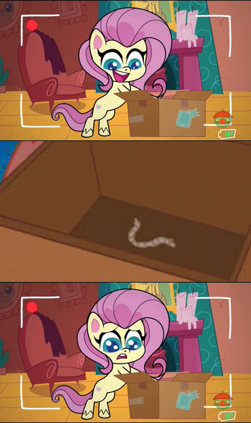 Size: 1280x2160 | Tagged: safe, derpibooru import, edit, edited screencap, screencap, fluttershy, pegasus, pony, my little pony: pony life, unboxing day, spoiler:pony life s01e18, spoiler:pony life s01e30, animation error, box, female, fluttershy's cottage, mare, missing wing, no wing, recording, sad, solo, spongebob squarepants, the secret box, treehouse logo, wingless, wingless fluttershy