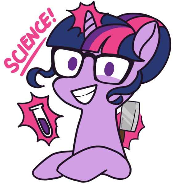 Size: 1883x2000 | Tagged: safe, artist:taytinabelle, derpibooru import, sci-twi, twilight sparkle, ponified, pony, unicorn, equestria girls, bust, cleaver, creepy, creepy smile, equestria girls ponified, eye twitch, female, glasses, grin, hair bun, looking at you, mad scientist, magic, mare, meat cleaver, simple background, smiling, solo, test tube, text, transparent background, unicorn sci-twi