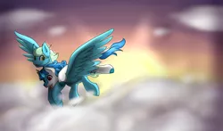 Size: 3000x1764 | Tagged: safe, artist:noxi1_48, derpibooru import, oc, oc:kiwi, oc:sea glow, kirin, pegasus, pony, cloud, duo, flying, male, sky, smiling, stallion, wings