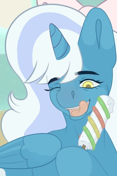 Size: 1280x1920 | Tagged: safe, artist:sam2up, derpibooru import, oc, oc:fleurbelle, alicorn, pony, alicorn oc, beach, bow, female, food, hair bow, horn, ice cream, mare, ocean, one eye closed, sand, sun, thick eyebrows, tongue out, wings, yellow eyes