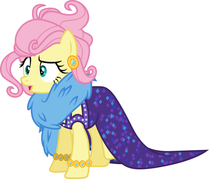 Size: 3515x3000 | Tagged: safe, artist:cloudyglow, derpibooru import, fluttershy, pegasus, pony, viva las pegasus, .ai available, alternate hairstyle, bracelet, clothes, disguise, dress, female, high res, impossibly rich, jewelry, mare, open mouth, simple background, transparent background, vector