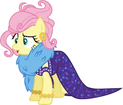 Size: 3515x3000 | Tagged: safe, artist:cloudyglow, derpibooru import, fluttershy, pegasus, pony, viva las pegasus, .ai available, alternate hairstyle, bracelet, clothes, disguise, dress, female, high res, impossibly rich, jewelry, mare, open mouth, simple background, transparent background, vector