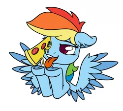 Size: 1200x1089 | Tagged: safe, artist:dacaoo, derpibooru import, rainbow dash, pegasus, pony, female, floppy ears, food, mare, pizza, prize on the eyes, simple background, solo, spread wings, that pony sure does love pizza, tongue out, underhoof, white background, wings
