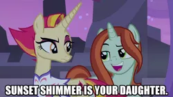 Size: 1280x720 | Tagged: safe, derpibooru import, edit, edited screencap, editor:jaredking203, screencap, crackle cosette, fire flare, queen chrysalis, shutterbug, pony, unicorn, the summer sun setback, caption, disguise, disguised changeling, female, image macro, implied sunset shimmer, mare, meme, text