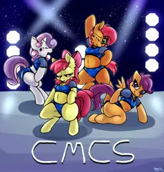 Size: 2000x2100 | Tagged: suggestive, artist:skoon, derpibooru import, apple bloom, babs seed, scootaloo, sweetie belle, anthro, earth pony, pegasus, unicorn, ass, blushing, butt, clothes, cutie mark crusaders, cuties, female, image, jpeg, poster parody, we are going to hell