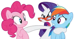 Size: 1307x686 | Tagged: safe, artist:sollace, derpibooru import, pinkie pie, rainbow dash, rarity, earth pony, pegasus, pony, unicorn, rarity takes manehattan, .svg available, bipedal, glasses, looking at you, looking away, open mouth, raised eyebrow, rarity's glasses, simple background, svg, transparent background, trio, vector