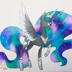 Size: 1080x1080 | Tagged: safe, artist:galaxy.in.mind, derpibooru import, princess luna, alicorn, pony, ethereal mane, female, galaxy mane, hoof shoes, jewelry, mare, peytral, raised hoof, redesign, solo, tiara, traditional art, two toned wings, wings