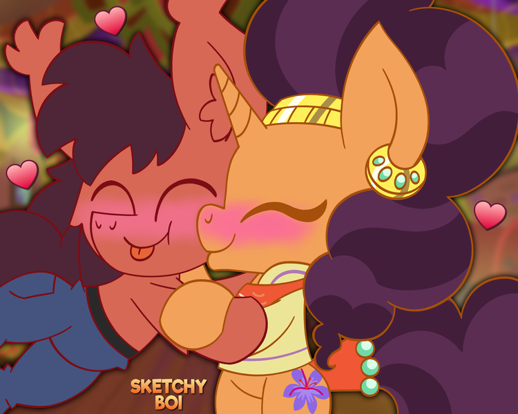 Size: 2500x2000 | Tagged: safe, artist:snakeythingy, derpibooru import, saffron masala, oc, oc:sketchy dupe, blushing, canon x oc, glomp, kissing, kissing cheek, sketchffron, story included