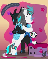 Size: 1016x1251 | Tagged: safe, artist:wheatley r.h., derpibooru import, oc, oc:blizzard flare, oc:w. rhinestone eyes, unofficial characters only, changeling, dalmatian, dog, kirin, pony, 101 dalmatian street, blue changeling, box, changeling oc, cute, da vinci (101 dalmatian street), eyes closed, female, handkerchief, happy, happy birthday, heart, heterochromia, honeypot changeling, hug, kirin oc, mare, paint, paint can, paw prints, vector, watermark