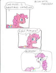 Size: 1672x2161 | Tagged: safe, artist:cmara, derpibooru import, pinkie pie, earth pony, pony, breaking the fourth wall, comic, female, fourth wall, lazy, mare, open mouth, pinkie being pinkie, simple background, solo, traditional art, white background