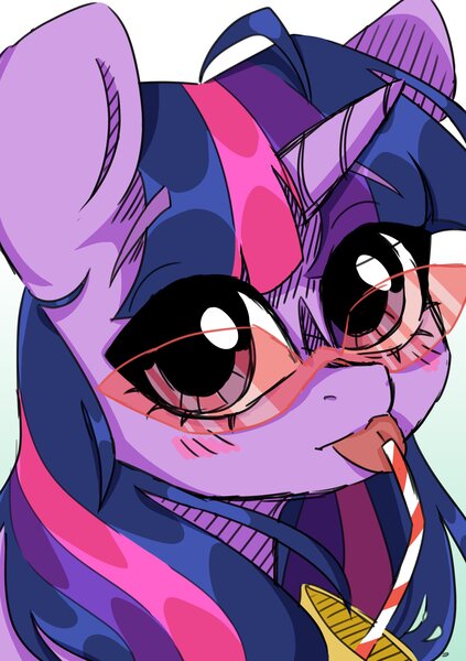 Size: 2039x2893 | Tagged: safe, artist:madkadd, derpibooru import, twilight sparkle, pony, unicorn, :p, bust, cute, drink, female, glasses, mare, portrait, simple background, solo, straw, tongue out, twiabetes, unicorn twilight, white background