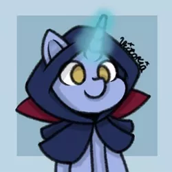 Size: 378x378 | Tagged: safe, artist:flower_you_awesome, derpibooru import, oc, unofficial characters only, pony, unicorn, abstract background, bust, cloak, clothes, glowing horn, horn, signature, smiling, solo, unicorn oc