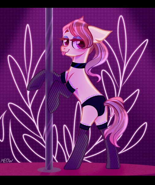 Size: 1911x2271 | Tagged: suggestive, alternate version, artist:al-lat, derpibooru import, oc, oc:star slugger, unofficial characters only, earth pony, pony, :p, bedroom eyes, bipedal, black underwear, blushing, choker, clothes, commission, eyeshadow, female, fishnets, makeup, mare, multicolored hair, panties, pole, socks, solo, solo female, stockings, stripper, stripper pole, thigh highs, tongue out, underwear, ych result