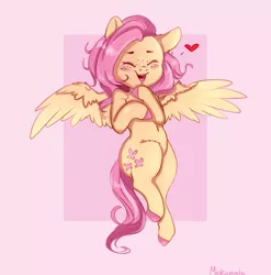 Size: 2859x2897 | Tagged: safe, artist:miokomata, derpibooru import, fluttershy, pegasus, pony, colored hooves, cute, ear fluff, eyes closed, female, floating heart, flying, freckles, freckleshy, heart, high res, leg fluff, mare, open mouth, pink background, shyabetes, simple background, solo, spread wings, wings