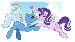 Size: 2870x1602 | Tagged: safe, artist:ali-selle, derpibooru import, starlight glimmer, trixie, pony, unicorn, cloud, couple, cute, female, heart, lesbian, love, rainbow, shipping, simple background, startrix, transparent background