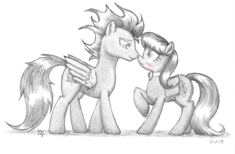 Size: 4200x2748 | Tagged: safe, artist:philo5, derpibooru import, octavia melody, soarin', earth pony, pegasus, pony, blushing, boop, crack shipping, female, male, monochrome, neo noir, noseboop, partial color, shipping, soarintavia, straight