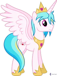 Size: 4000x5310 | Tagged: safe, alternate version, artist:parclytaxel, derpibooru import, oc, oc:prince endearment, unofficial characters only, alicorn, pony, .svg available, absurd resolution, alternate hairstyle, commission, crown, hoof shoes, jewelry, male, peytral, regalia, simple background, smiling, solo, spread wings, stallion, transparent background, vector, wings