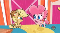 Size: 1671x933 | Tagged: safe, derpibooru import, screencap, applejack, pinkie pie, earth pony, pony, my little pony: pony life, one click wonder, spoiler:pony life s01e17, spoiler:pony life s01e28, female, mare, treehouse logo