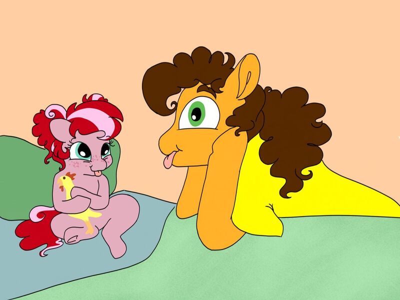 Size: 1280x960 | Tagged: safe, artist:doodletheexpoodle, derpibooru import, cheese sandwich, oc, oc:apple sorbet, earth pony, pony, father and child, father and daughter, female, foal, male, offspring, parent:applejack, parent:cheese sandwich, parents:cheesejack, rubber chicken, silly, tongue out