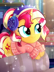 Size: 1800x2400 | Tagged: safe, artist:artmlpk, derpibooru import, sunset shimmer, ponified, pony, unicorn, adorable face, adorkable, alternate hairstyle, beautiful, clothes, cute, digital art, dork, equestria girls ponified, female, headphones, lens flare, looking up, mare, ponytail, shimmerbetes, smiling, solo, sweater, watermark, winter