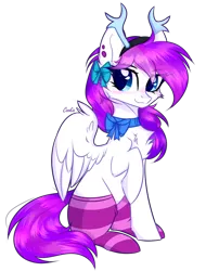Size: 2392x3144 | Tagged: safe, artist:lazuli, derpibooru import, oc, oc:lavanda, unofficial characters only, pegasus, pony, antlers, bow, chest fluff, clothes, commission, ear piercing, hair bow, pegasus oc, piercing, raised hoof, reindeer antlers, simple background, sitting, smiling, socks, solo, striped socks, transparent background, wings, ych result