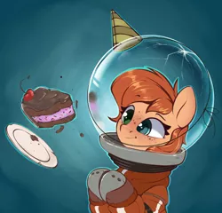 Size: 960x921 | Tagged: safe, artist:rexyseven, derpibooru import, oc, oc:rusty gears, unofficial characters only, earth pony, pony, cake, female, food, hat, heterochromia, mare, party hat, solo, space helmet, spacesuit, zero gravity