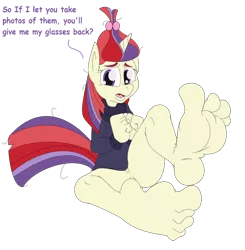 Size: 900x919 | Tagged: suggestive, artist:java-mocha, derpibooru import, moondancer, anthro, plantigrade anthro, unicorn, barefoot, clothes, dialogue, feet, female, fetish, foot fetish, foot focus, image, looking at you, png, simple background, sole, solo, sweater, toes, transparent background, wiggling toes