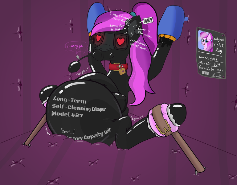 Size: 8523x6652 | Tagged: questionable, alternate version, artist:violet ray, derpibooru import, oc, oc:violet ray, unofficial characters only, pony, aphrodisiac, barcode, belly, big belly, bondage, brainwashing, broodmare, cage, collar, crotchboobs, diaper, diaper bondage, diaper fetish, diaper slave, ear plugs, ear tag, erect nipples, fetish, gag, heart eyes, hypnogear, hypnosis, hypnotized, impossibly large diaper, inflatable diaper, inflatable gag, latex, latex suit, lock, muffled moaning, nipple outline, non-baby in diaper, nudity, onomatopoeia, padded cell, padlock, peeing in diaper, pregnant, sensitivity training, solo, sound effects, squeak, stomach noise, story included, straps, wingding eyes