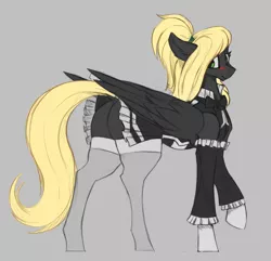 Size: 1692x1632 | Tagged: suggestive, artist:nsilverdraws, derpibooru import, edit, oc, oc:veen sundown, unofficial characters only, pegasus, pony, blushing, clothes, female, maid, mare, simple background, solo, standing, sundown clan, thick