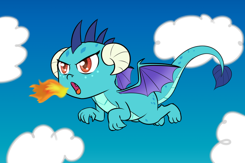 Size: 1000x667 | Tagged: safe, artist:empyu, derpibooru import, princess ember, dragon, my little pony: pony life, cloud, cute, dragoness, emberbetes, female, fire, fire breath, flying, sky, smol, solo, wings, younger