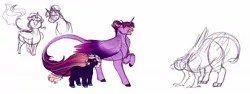 Size: 1280x480 | Tagged: safe, artist:minsona, derpibooru import, twilight sparkle, twilight sparkle (alicorn), oc, oc:lasting legacy, unnamed oc, alicorn, earth pony, gryphon, kirin, pony, unicorn, alternate design, alternate hairstyle, colored wings, colored wingtips, colt, cowering, don't talk to me or my son ever again, female, gradient wings, griffon oc, hair bun, kirin hybrid, leonine tail, magical lesbian spawn, male, mother and child, mother and son, offspring, parent:rarity, parent:twilight sparkle, parents:rarilight, simple background, white background, wings