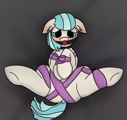 Size: 538x508 | Tagged: artist:snow quill, ballgag, blushing, bondage, coco pommel, cocosub, collar, commission, derpibooru import, dock, ear blush, female, femsub, gag, lying down, on back, ribbon, simple background, spreading, spread legs, submissive, suggestive, underhoof, ych result