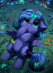 Size: 2550x3509 | Tagged: safe, artist:pridark, derpibooru import, princess luna, alicorn, butterfly, insect, pony, :<, cheek fluff, confused, cute, cutie mark, daaaaaaaaaaaw, ear fluff, eyes on the prize, female, filly, floppy ears, flower, fluffy, foal, grass, high res, hoof over mouth, leg fluff, looking at something, looking up, lunabetes, lying down, nature, on back, pridark is trying to murder us, reflection, solo, spread wings, underhoof, weapons-grade cute, wings, woona, younger