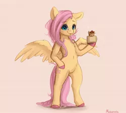 Size: 2794x2515 | Tagged: safe, artist:miokomata, derpibooru import, fluttershy, oc, oc:coffee, pegasus, pony, semi-anthro, unicorn, belly button, bipedal, chest fluff, coffee mug, colored hooves, cup, cup of pony, duo, female, freckles, freckleshy, heart, looking at you, mare, micro, mug, simple background, smiling, solo focus