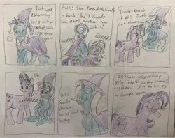 Size: 750x593 | Tagged: safe, artist:powerpup97, derpibooru import, starlight glimmer, trixie, pony, unicorn, comic, dialogue, eyes closed, female, hungry, levitation, magic, mare, ponies riding ponies, riding, stomach growl, stomach noise, telekinesis, traditional art, trixie riding starlight