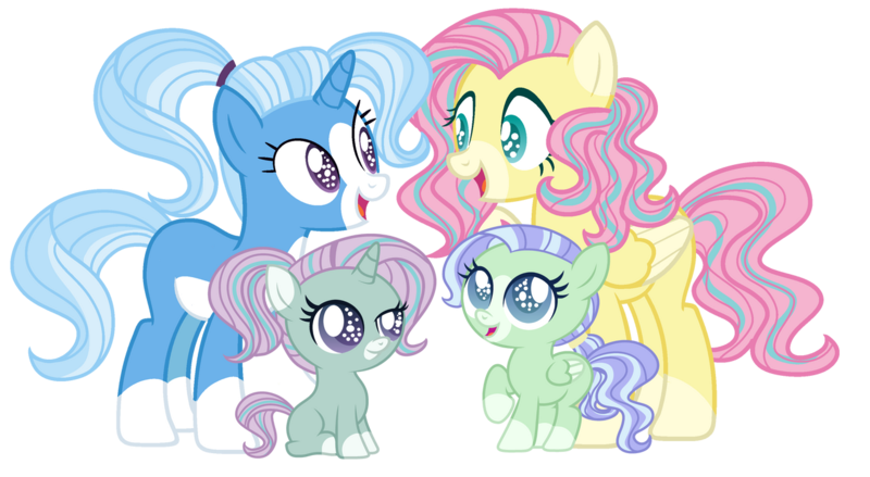 Size: 1280x702 | Tagged: safe, artist:lanternomega, artist:pegasski, artist:sugarsong14, derpibooru import, fluttershy, trixie, oc, oc:cristal butterfly, oc:lilypad, unofficial characters only, pegasus, pony, unicorn, alternate design, base used, family, female, filly, lesbian, magical lesbian spawn, mare, missing cutie mark, offspring, parent:fluttershy, parent:trixie, parents:trixieshy, shipping, simple background, socks (coat marking), transparent background, trixieshy