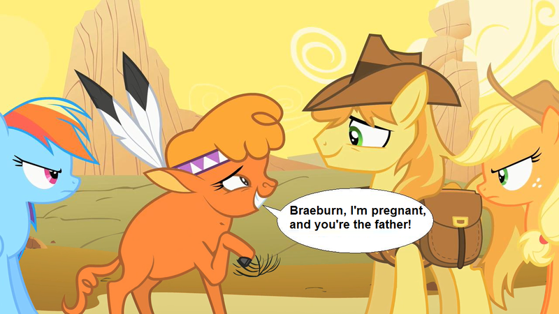 Size: 1280x720 | Tagged: safe, derpibooru import, edit, edited screencap, screencap, applejack, braeburn, little strongheart, rainbow dash, buffalo, earth pony, pegasus, pony, over a barrel, bag, braeheart, caption, clothes, cloven hooves, cowboy hat, female, hat, image macro, implied pregnancy, male, mare, saddle bag, shipping, stallion, straight, text, vest